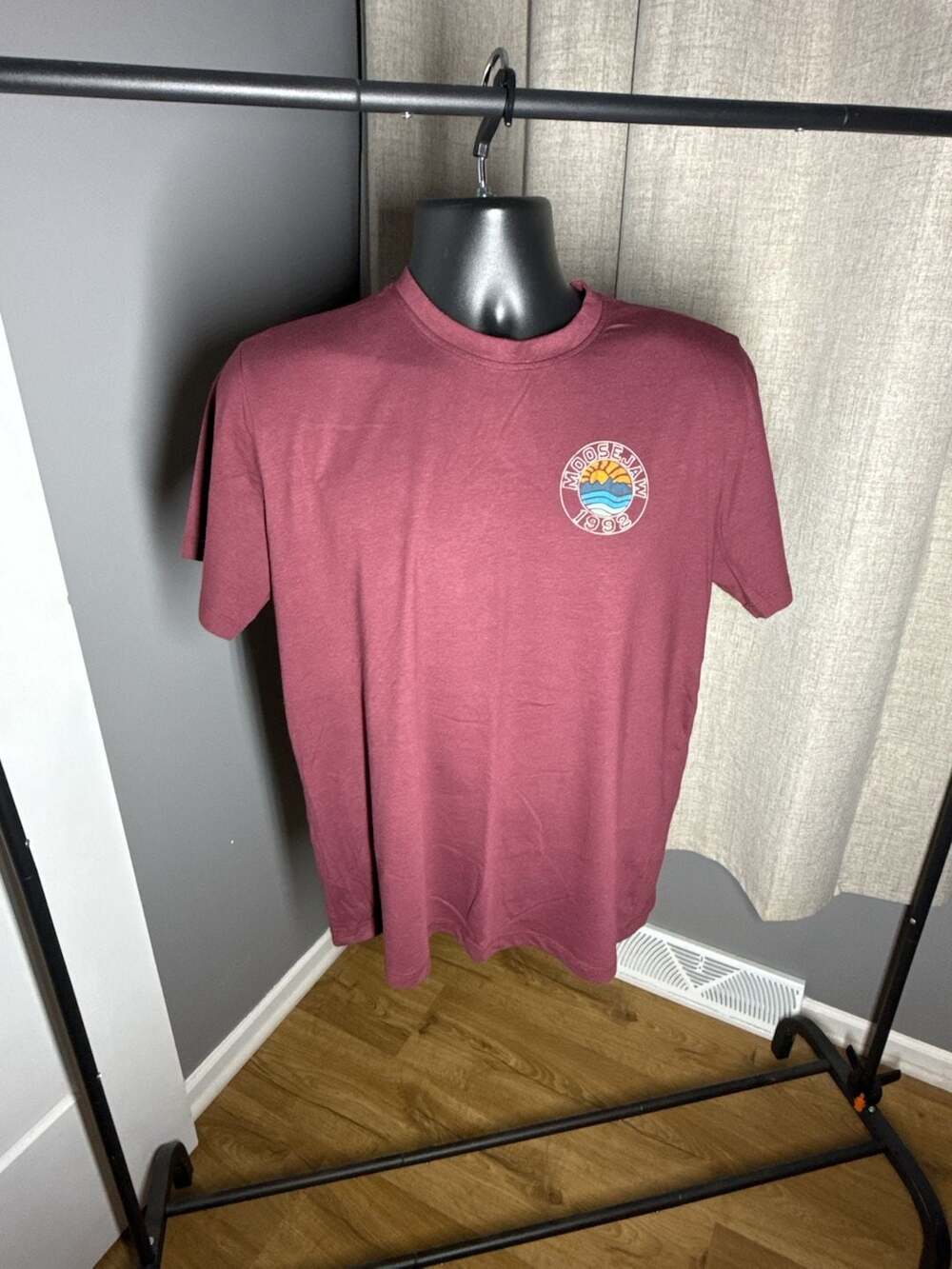 Moosejaw Men's Short Sleeve T-Shirt Maroon with Logo Graphic